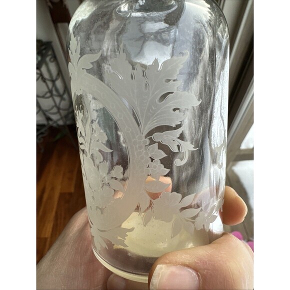 Vintage Apothecary Jar Bottle Etched Glass Floral Metal Cork Stopper Shafford - Picture 5 of 16
